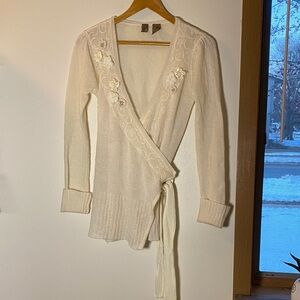 BKE Ivory Wrap Cardigan with Embroidered Accents
